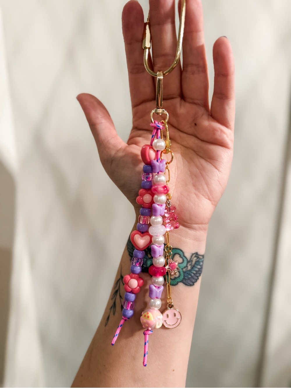 Handmade Pink & Purple Beaded Keychain Charm